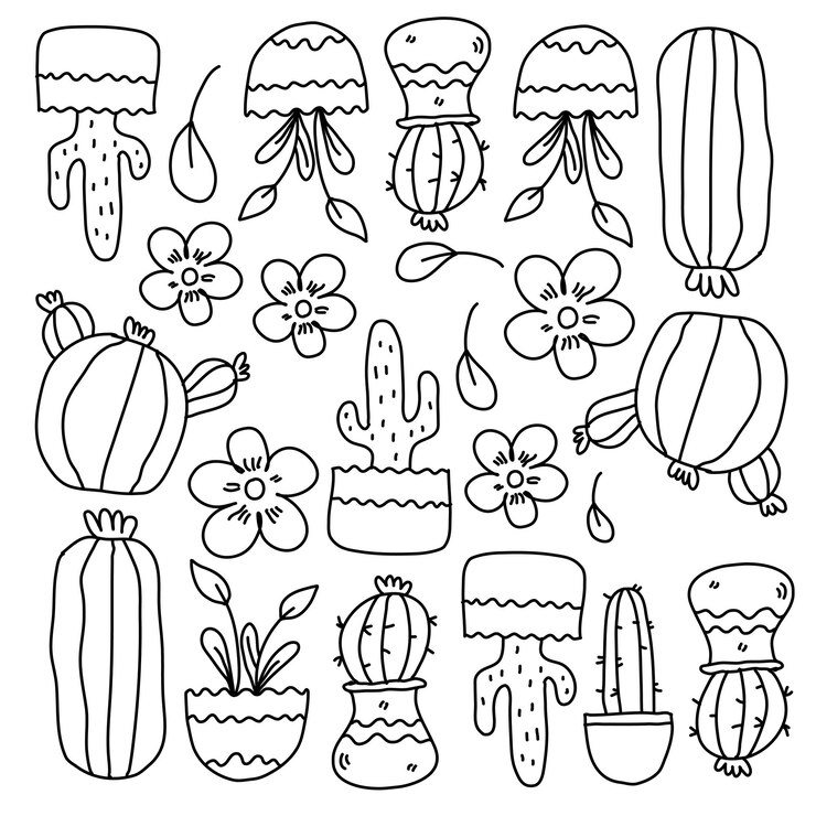 Vetor plantas de cactos com vetor de estilo de linha doodle