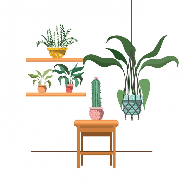 Vetor plantas de casa em cabides de macramê e mesa