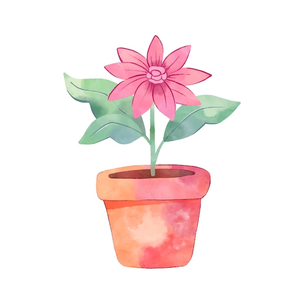 Plantas de casa rosa em vaso de cerâmica ilustração em aquarela desenhada à mão