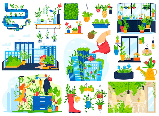 Plantas de flores crescem na varanda da casa, jardim conjunto de ilustração vetorial