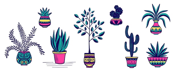 Plantas de jardim interiores e exteriores em vaso ilustração vetorial desenhada à mão