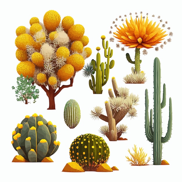 Plantas do deserto cactos arbustos de grama árvore e tumbleweed isolado no fundo branco Isolado no fundo ilustração vetorial dos desenhos animados