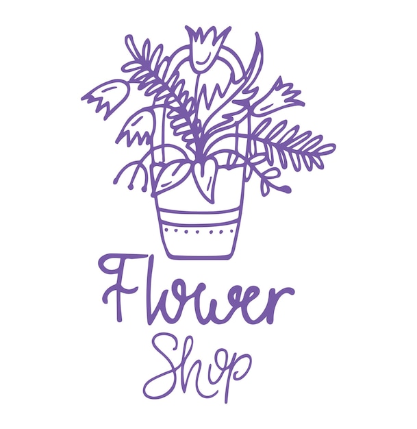 Plantas em vaso flores estilo de arte de linha texto loja de flores desenho botânico logotipo sinal vetor
