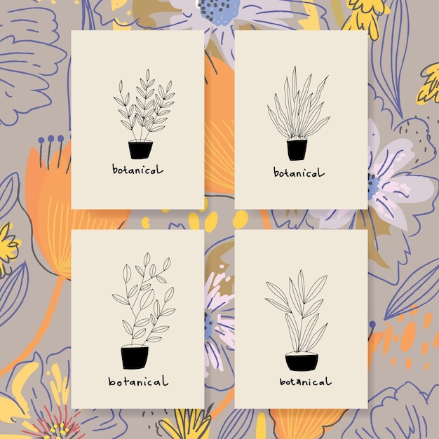 Vetor plantas florais e flores em vasos vasos desenhados à mão fundo arte de parede capa cartaz ar impressão vetor