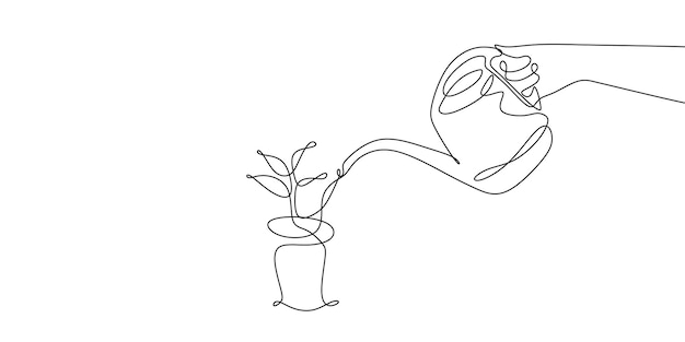 Plantas molhando de desenho de linha contínuas isoladas no fundo branco