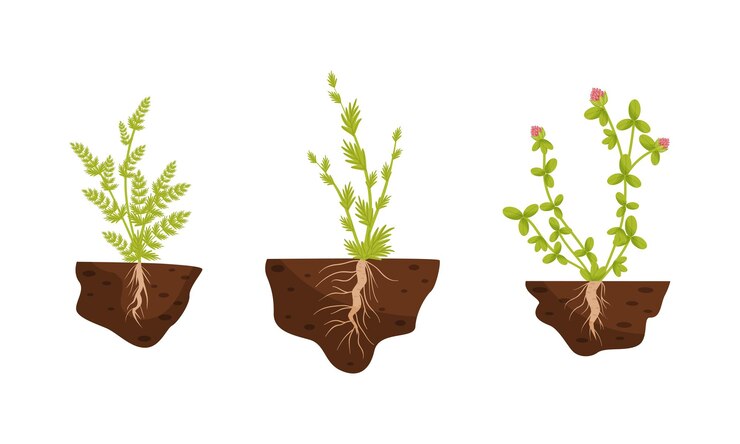 Vetor plantas que crescem com raízes no conjunto de vetores do solo