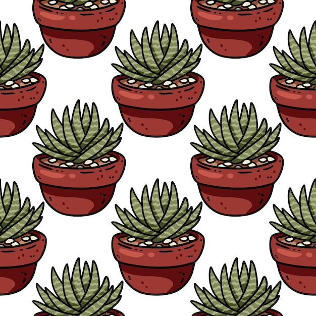 Plantas suculentas de desenhos animados bonitos rabiscam padrão de borda sem costura vetor de planta em vaso telha de textura de fundo repetível modelo aconchegante de impressão de estoque para papel de parede de design de embrulho