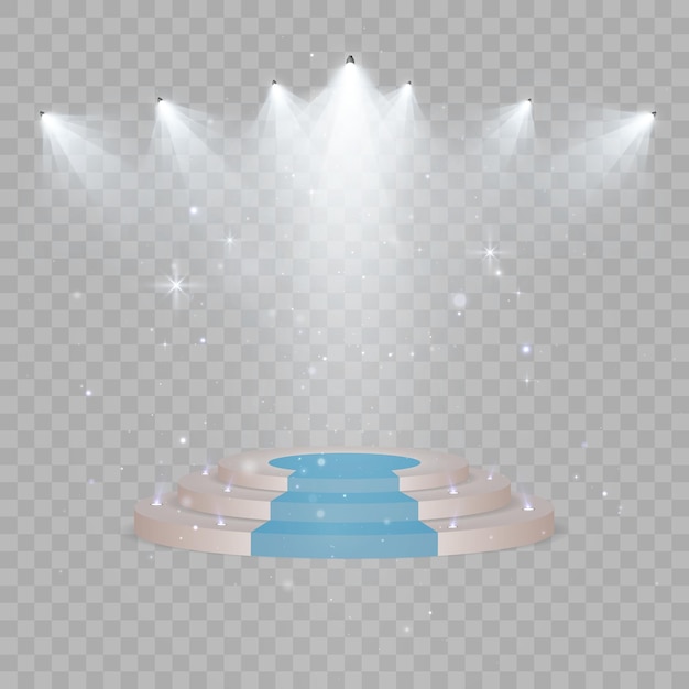Plataforma do pódio dos vencedores da cena 3d no fundo há um círculo de néon com efeitos especiais de iluminação