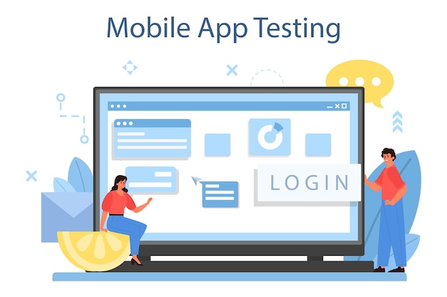 Plataforma ou serviço online de desenvolvimento de aplicativos móveis. tecnologia moderna e design de interface de smartphone. teste de aplicativo móvel. ilustração em vetor plana