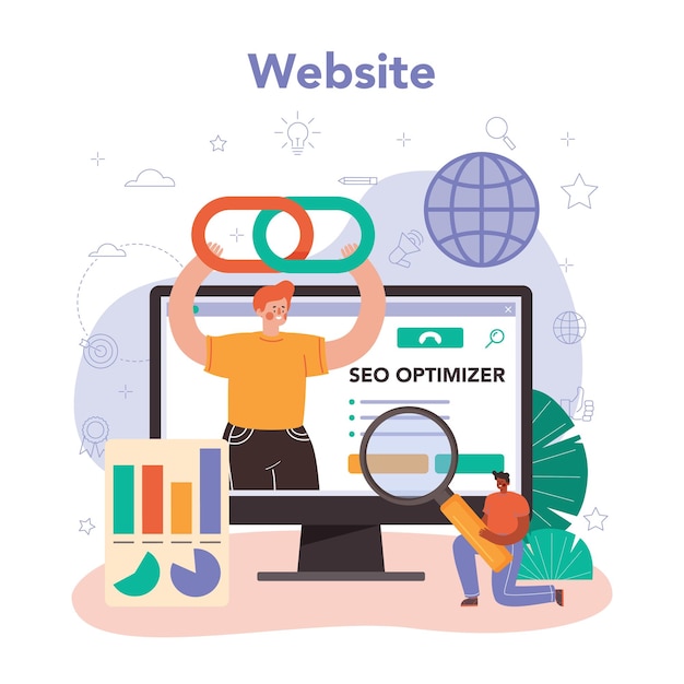 Plataforma ou serviço online especializado em seo. local na rede internet. ilustração em vetor plana