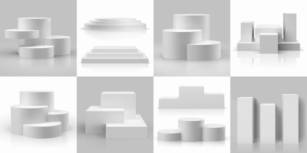 Plataformas circulares ou cubos 3D de pódio realistas e maquete de base de produto Composições geométricas isoladas para exposição e apresentação Conjunto de modelos vetoriais de pedestal escalonado em branco