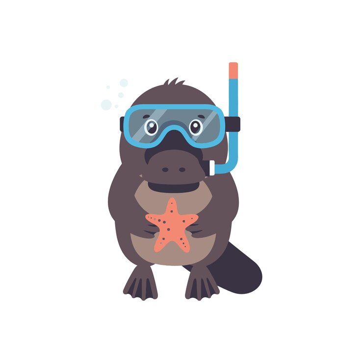 Vetor platypus usando equipamento de mergulho segurando estrela-do-mar ilustração vetorial subaquática animal bonito