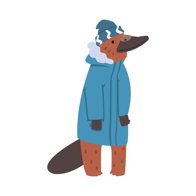 Vetor platypus vestindo jaqueta quente e chapéu humanizado animal da floresta personagem em roupas de inverno ilustração vetorial de desenho animado