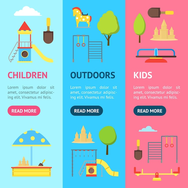 Playground de desenho animado na cidade e elemento Banner Vecrtical Set Vector