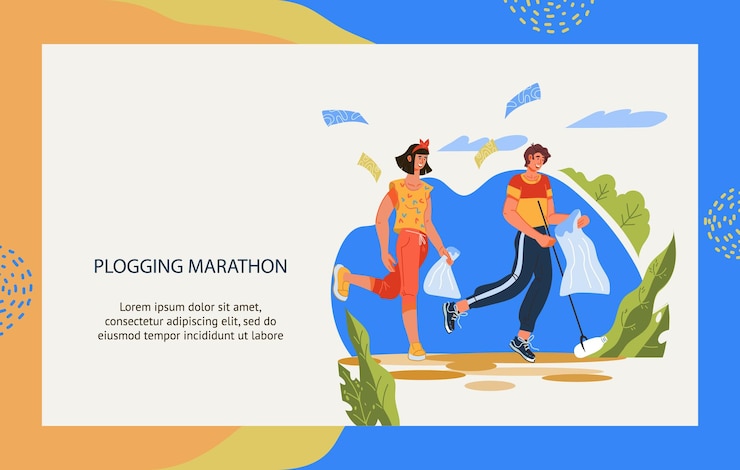Vetor plogging modelo de banner de maratona com pessoas correndo pegando lixo em sacos de lixo ecologia conservação do meio ambiente e reciclagem de lixo zero ilustração em vetor de desenho animado plana isolada