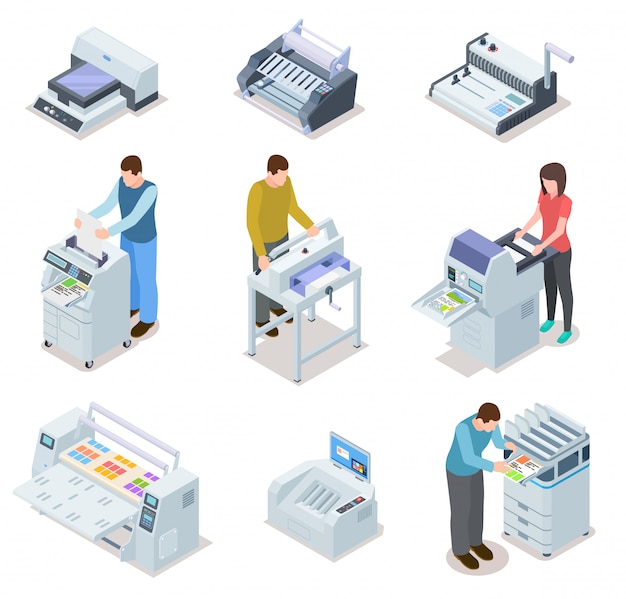 Plotadora de impressora, máquinas de corte offset e conjunto de pessoas