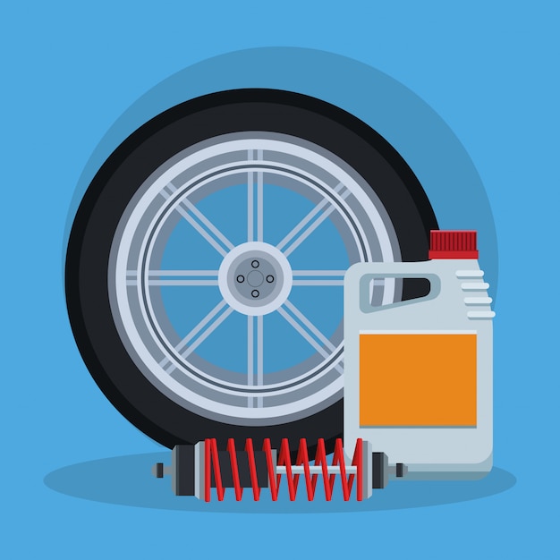 Vetor pneu de carro com garrafa de óleo e amortecedor