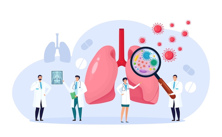 Vetor pneumologia. médico examinando os pulmões com lupa. tuberculose, pneumonia, tratamento ou diagnóstico do câncer de pulmão. doença, doença ou problemas do sistema respiratório