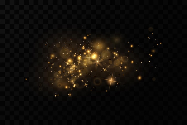 Pó dourado de natal fagulhas amarelas e estrelas douradas brilham com uma luz especial.