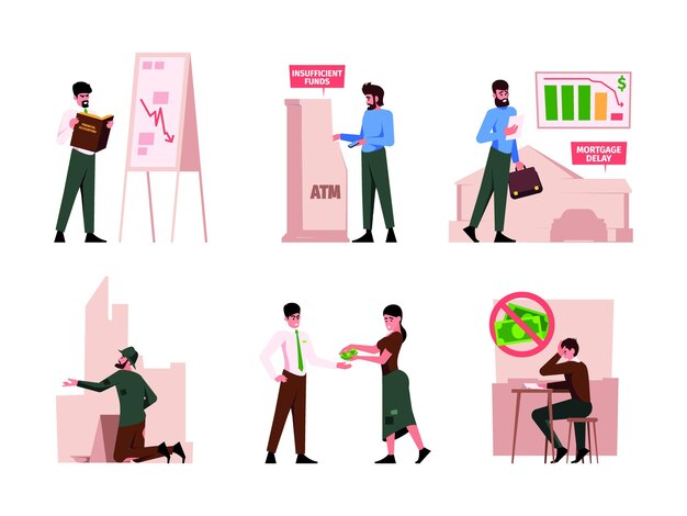 Pobreza Problemas de negócios familiares pobres, cobrança de falência, estresse, conceito de desenho vetorial berrante, personagens de pobreza Ilustração de falência financeira