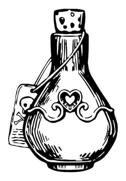 Vetor poção de amor feitiço mágico elixir de coração halloween ilustração vetorial desenhada à mão em estilo retrô esboço de tinta assustador isolado em branco
