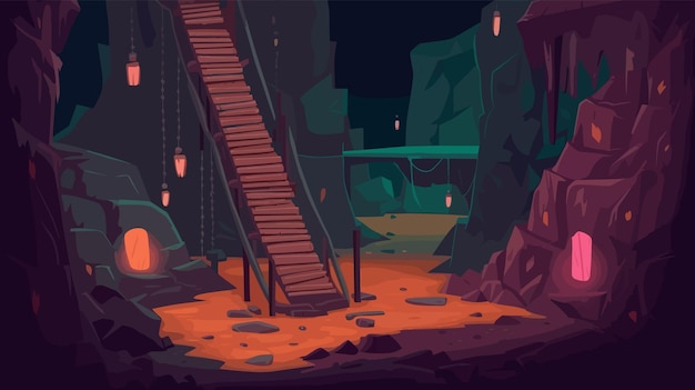 Poço de mina abandonado perigoso com ilustração de desenhos animados de plataformas raquíticas