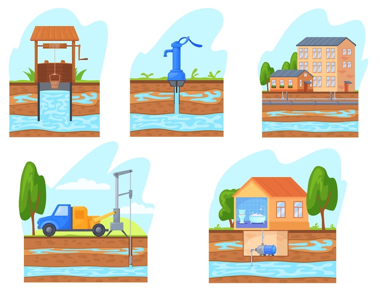 Vetor poços de abastecimento de água aquifer bombas de abasteçamento de água subterrânea tecnologia diagrama esquemático seção de tubulação subterrâneo bomba em casa recurso de geologia infográfico ilustração vetorial limpa