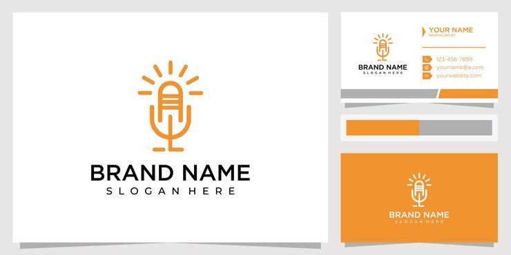 Podcast e logotipo de design de música e cartão de marca