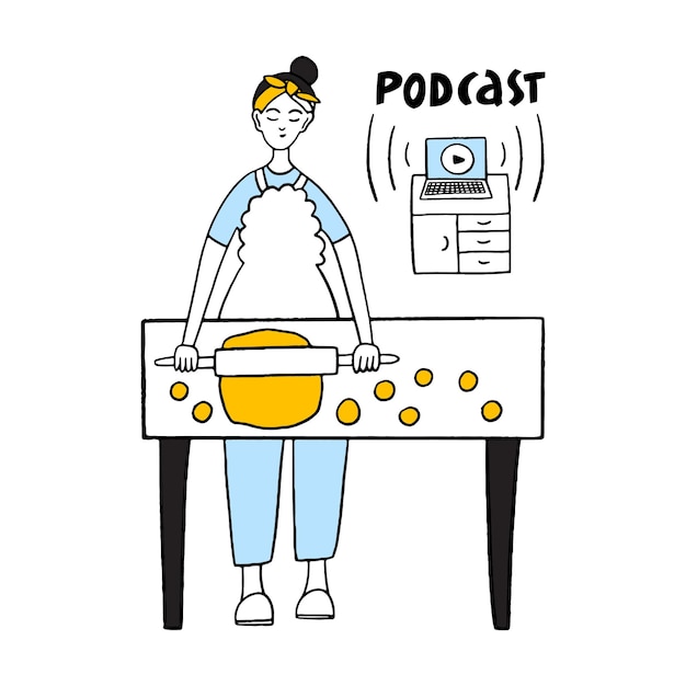 Podcast mão desenhada letras de vetor podcast e conceito multitarefa garota ouve podcasts