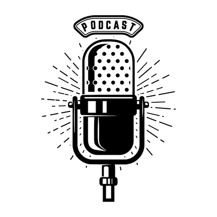 Vetor podcast. microfone retrô em fundo branco. elemento para emblema, sinal, logotipo, labe. ilustração