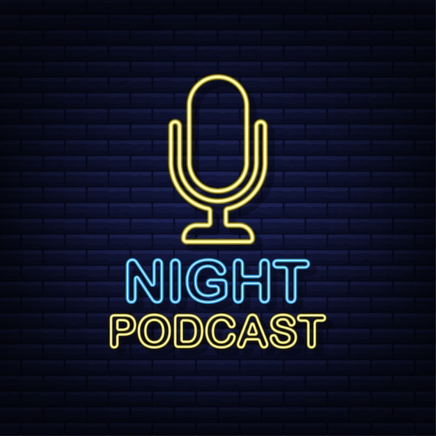 Podcast noturno. crachá de néon, ícone, carimbo, logotipo. ilustração.