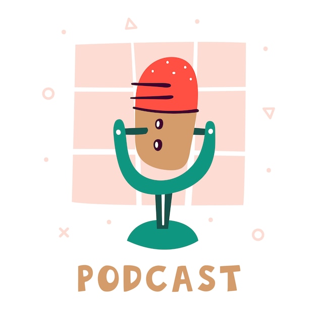 Podcast. pequeno microfone vermelho bonito com um carrinho verde. acessório para gravação de voz. atributo do blogger. tecnologias. ilustração plana colorida