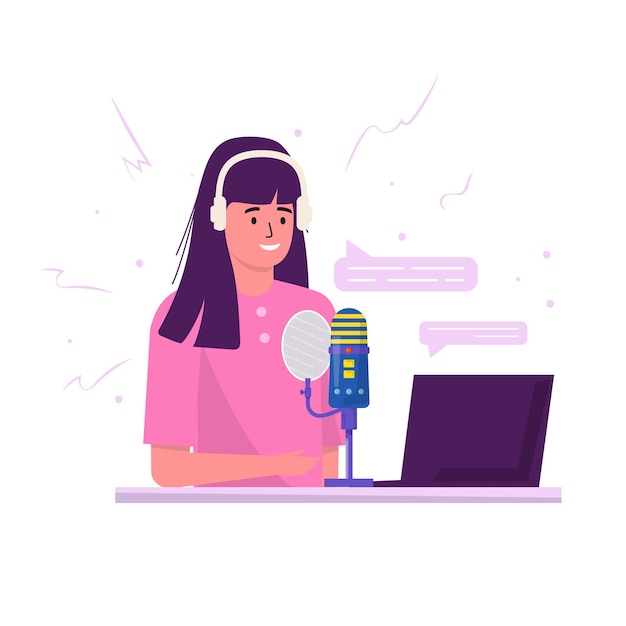 Podcaster com fone de ouvido, ouvindo e gravando podcast de áudio, ilustração plana em vetor show online. Jovem mulher com microfone e fone de ouvido, estudando, ouvir podcast, transmitindo. Conceito de podcast