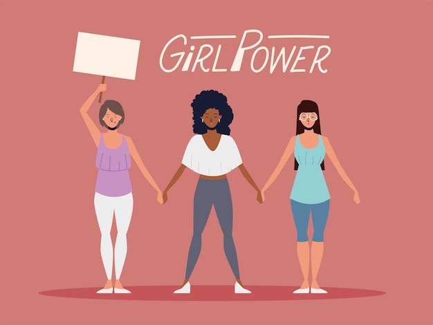 Poder feminino, mulheres com cartaz e de mãos dadas