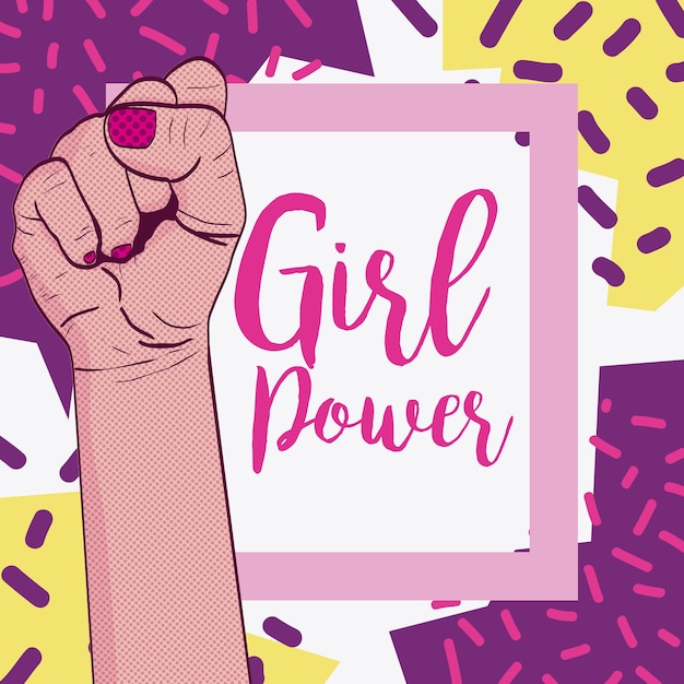 Poder menina, com, mão apertou, pop art