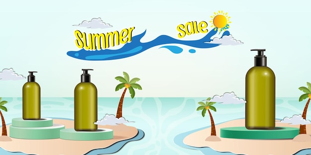 Pódio 3d de exibição de venda de verão para maquete e ilustração vetorial 3d de fundo e estilo de recorte de papel