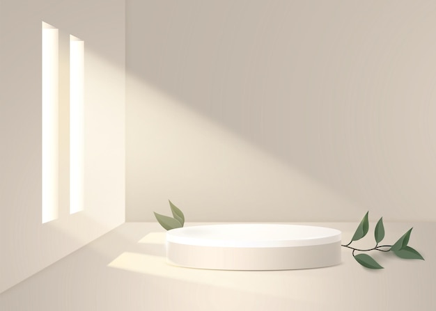 Pódio 3D redondo e uma planta com folhas sob os raios do sol da janela dentro de casa.