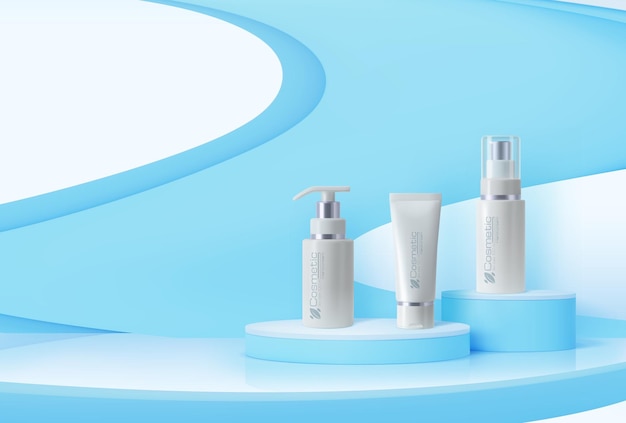 Pódio azul com exibição de produtos de maquete de cosméticos