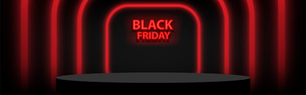 Pódio black friday black para decoração de exibição de produtos com luz neon vermelha em fundo preto