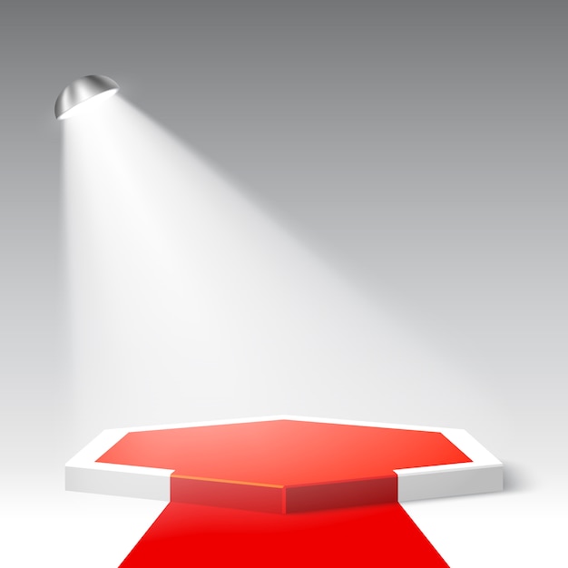 Pódio branco com tapete vermelho. pedestal. cena hexagonal e holofotes. ilustração.