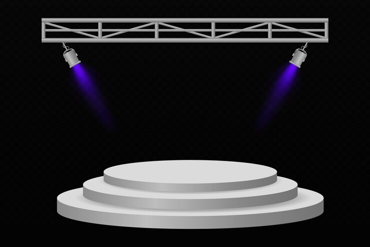 Vetor pódio circular 3d com dois spotlights laranja dramáticos em um fundo escuro perfeito para apresentações, vitrines ou cerimônias de premiação