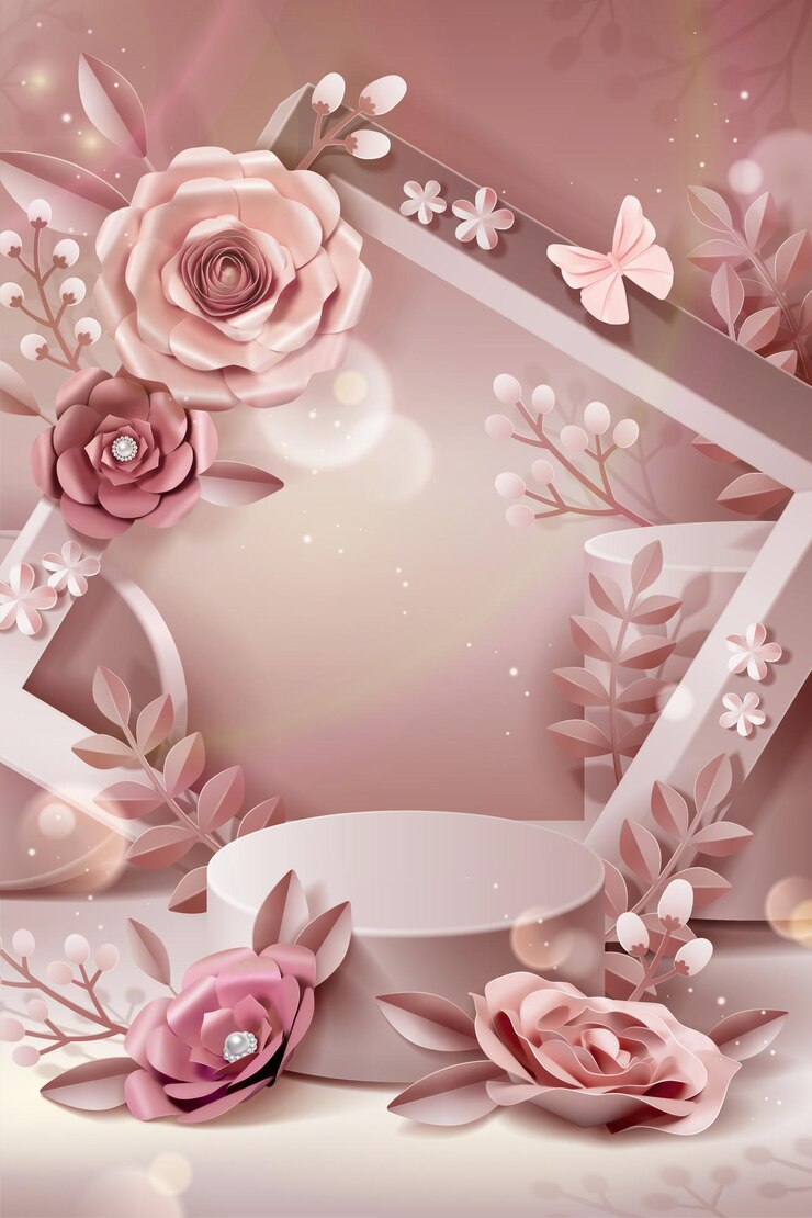 Vetor pódio com flores de papel e moldura em 3d