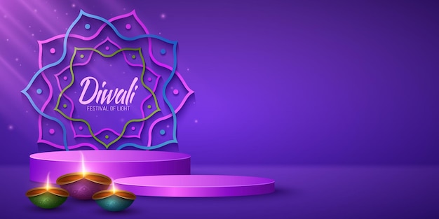 Pódio com lâmpadas tradicionais de diya em chamas para o festival de luz diwali pedestal para exibir seu produto estilo de corte de papel mandala indiana ilustração vetorial 3d