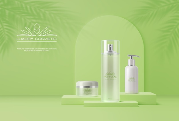 Pódio de cosméticos verde claro com bambu e palma