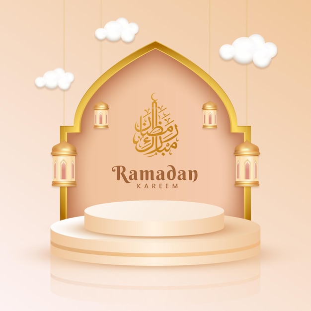 Pódio de exibição de produto 3d islâmico ramadan kareem venda banner ornamento fundo da lanterna vetor premium