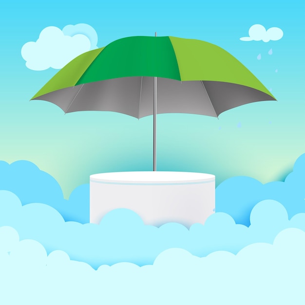 Pódio de exibição de produtos com tema de monção cercado de nuvens e guarda-chuva no fundo do céu azul