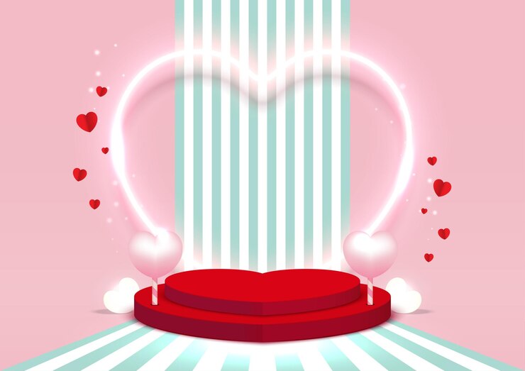 Vetor pódio de fundo vintage do dia dos namorados para exibição de produtos com elementos de néon e amor de coração