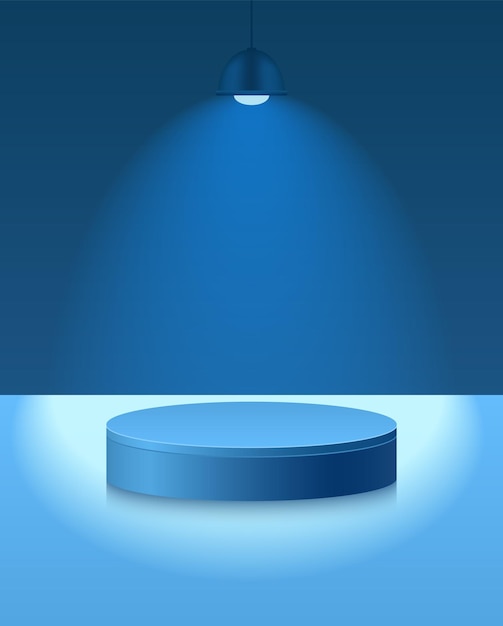 Pódio de luz com luz de ponto de lâmpada pendurada Quarto vazio abstrato com pedestal de suporte de cilindro de cor azul Palco vetorial para apresentação de exibição de vitrine Conceito de sala de estúdio