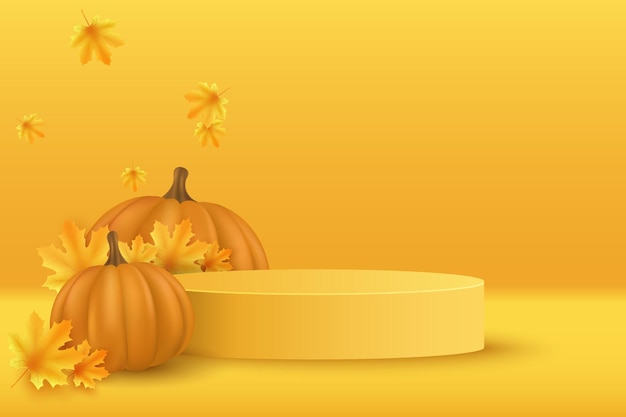 Pódio de outono com abóbora 3d realista e folhas de plátano para exibir seu produto no dia de ação de graças. vitrine e prateleira. cena mínima vazia. ilustração vetorial