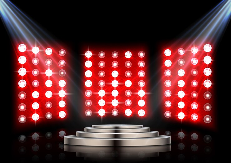 Vetor pódio de palco com holofotes e fundo stagelight vermelho